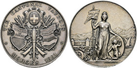 Schweiz-Waadt. . 
Silbermedaille 1891 von H. Bovy, auf das "Tir cantonal vaudois" in Morges. Richter 1584b. 45 mm, 38,75 g
kleine Randfehler, vorzüg...