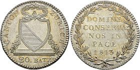 Schweiz-Zürich, Stadt und Kanton. . 
1/2 Taler zu 20 Batzen 1813. Stempel von P. Bruckmann. DT 19a, HMZ 2-1173a.
feine Tönung, vorzüglich-Stempelgla...