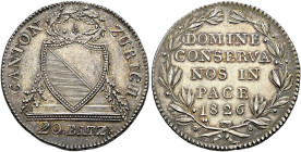 Schweiz-Zürich, Stadt und Kanton. . 
1/2 Taler zu 20 Batzen 1826. Stempel von P. Bruckmann. DT 19b, HMZ 2-1173b.
feine Patina, vorzüglich-Stempelgla...