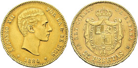 Spanien. Alfonso XII. 1874-1885. 
25 Pesetas 1880 (18-80) -Madrid-. CCT 11, Fr. 342, Schl. 281.1.3. 8,08 g
sehr schön
