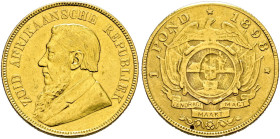 Südafrika. Republik. 
1 Pond 1898 -Pretoria-. Ohm Krüger. Single shaft. KM 10.2, Fr. 2. 7,92 g
leichte Kratzer, sehr schön