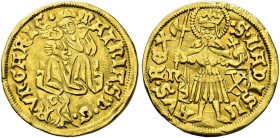 Ungarn. Matthias Corvinius 1458-1490. 
Goldgulden o.J. (ab 1470) -Nagybanya-. Städtische Verwaltung. Münzeichen "n" und "Schild mit gekreuzten Hämmer...