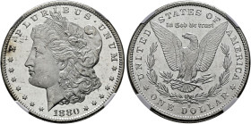 USA. . 
Morgan Dollar 1880 -San Francisco-. KM 110. In Plastikholder der NGC (slabbed) mit der Bewertung MS 64*
selten in dieser Erhaltung, winzige ...