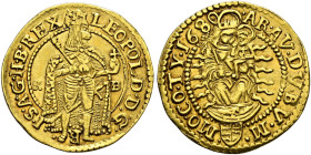 Haus Habsburg. Leopold I. 1657-1705. 
Dukat 1680 -Kremnitz-. Her. 346, Fr. 128 (unter Hungary), Huszar 1321. 3,48 g
seltenes, attraktives Exemplar m...