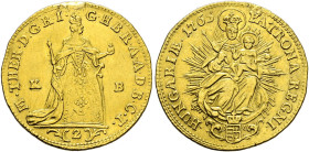 Haus Habsburg. Maria Theresia 1740-1780. 
Doppeldukat 1765 -Kremnitz-. Her. 61, Eyp. 250, Fr. 179 (unter Hungary), Huszar 1648. Frühw. 1013. 6,93 g
...