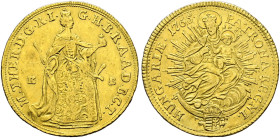 Haus Habsburg. Maria Theresia 1740-1780. 
Dukat 1765 -Kremnitz-. Her. 258, Eyp. 251, Fr. 180 (unter Hungary), Huszar 1652. Frühw. 1038. 3,46 g
minim...