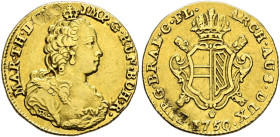 Haus Habsburg. Maria Theresia 1740-1780. 
Souverain d'or 1750 -Antwerpen-. Für die österreichische Niederlande. Her. 358, Eyp. 411a, Fr. 132 (unter B...