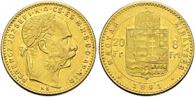 Haus Österreich. Franz Josef I., Kaiser von Österreich 1848-1916. 
8 Forint (20 Franken) 1891 -Kremnitz-. Mit Fiume-Wappen. Her. 276, J. 364b, Fr. 24...