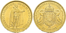 Haus Österreich. Franz Josef I., Kaiser von Österreich 1848-1916. 
20 Korona 1895 -Kremnitz-. Stehender Kaiser. Her. 356, J. 409, Fr. 250. Frühw. 205...