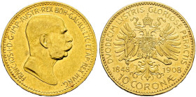 Haus Österreich. Franz Josef I., Kaiser von Österreich 1848-1916. 
10 Kronen 1908. 60-jähriges Regierungsjubiläum. Her. 386, J. 398, Fr. 516. Frühw. ...