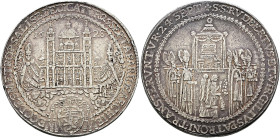 Salzburg, Erzbistum. Paris Graf von Lodron 1619-1653. 
Dicker Doppeltaler 1628. Auf die Domweihe. Die beiden Stiftsheiligen Hl. Rupertus und Hl. Virg...