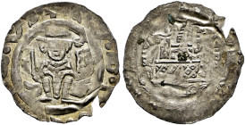 Augsburg, Bistum. Udalschalk von Eschenlohe 1184-1202. 
Dünnpfennig um 1190. Thronender Bischof von vorn, die Rechte segnend erhoben, in der Linken e...