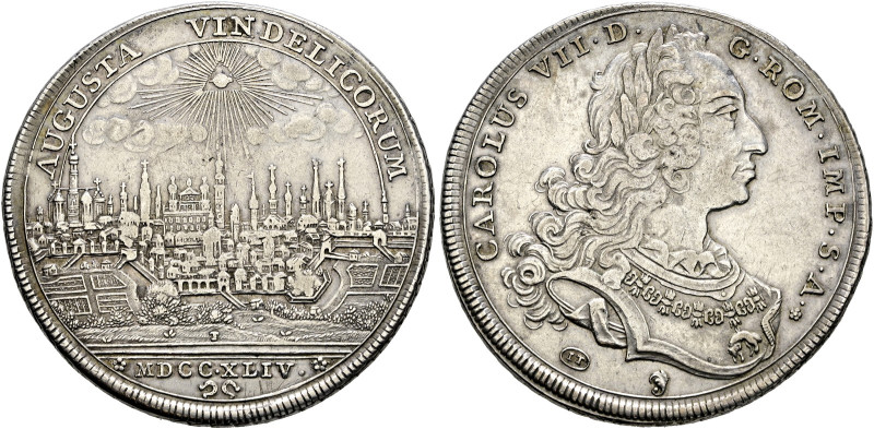 Augsburg, Stadt. . 
Taler 1744. Stempel von J. Thiébaud. Stadtansicht von Osten...