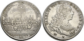 Augsburg, Stadt. . 
Taler 1744. Stempel von J. Thiébaud. Stadtansicht von Osten, darüber strahlendes Gottesauge zwischen Wolken, im Abschnitt die röm...