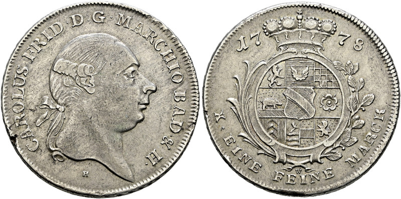 Baden-Durlach. Karl Friedrich 1746-1811. 
Konventionstaler 1778 -Durlach-. Büst...