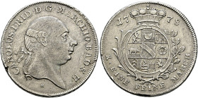Baden-Durlach. Karl Friedrich 1746-1811. 
Konventionstaler 1778 -Durlach-. Büste mit Zopfschleife nach rechts, darunter H / Gekrönter Wappenschild au...