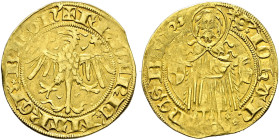 Brandenburg-Franken. Friedrich VI. 1404-1440. 
Goldgulden o.J. (1419-24) -Wöhrd bei Nürnberg-. Nach links blickender Brandenburger Adler / St. Johann...