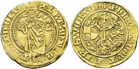 Brandenburg-Franken. Albrecht Achilles 1464-1486. 
Goldgulden o.J. -Schwabach-. v. Schr. 326ff, Slg. Wilm. 414, Fr. 304, Slg. Grüber 3096ff. 3,25 g
...