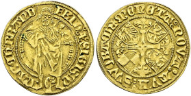 Brandenburg-Franken. Friedrich und Sigismund 1486-1495. 
Goldgulden o.J. -Schwabach-. Stehender Johannes der Täufer, zwischen seinen Füßen ein Bracke...