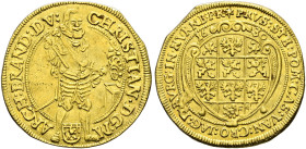 Brandenburg-Bayreuth. Christian 1603-1655. 
Dukat 1630 -Nürnberg-. Markgraf in voller Rüstung nach halbrechts stehend / Mehrfeldiger Wappenschild auf...