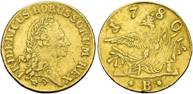 Brandenburg-Preußen. Friedrich II. 1740-1786. 
Friedrichs d'or 1780 -Breslau-. Olding 440, v.Schr. 413, Fr. 2412. 6,57 g
sehr seltener Jahrgang, kle...