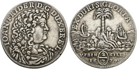 Braunschweig-Calenberg-Hannover. Johann Friedrich 1665-1679. 
Palmbaumgulden zu 2/3 Taler 1677 -Hannover-. Brustbild nach rechts / Palmbaum auf Insel...