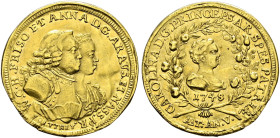 Braunschweig-Calenberg-Hannover. Georg II. 1727-1760. 
Kleine Goldmedaille 1748 von M. Holtzhey, auf den 5. Geburtstag seiner Enkelin Carolina. Die B...