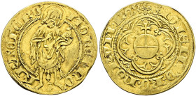 Frankfurt/M., Reichsmünzstätte. Sigismund von Luxemburg 1410-1437. 
Goldgulden o.J. Münzstättenpächter Jakob Proglin. Johannes der Täufer mit Lamm vo...