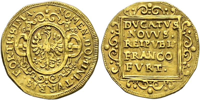 Frankfurt/M., Stadt. . 
Dukat 1638. Ovaler verzierter Wappenschild / Fünf Zeile...