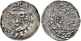 Goslar, Reichsmünzstätte. Heinrich IV. 1056-1106. 
Pfennig. REXhiNRC. Gekrönter, bärtiger Kopf von vorn zwischen Lanze und Kreuzstab / SSEVQA. Die Bü...