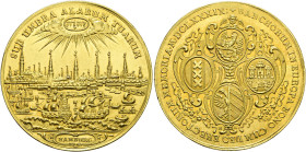 Hamburg, Stadt. . 
Bankportugalöser zu 10 Dukaten 1689 von J. Reteke, auf die großen europäischen Bankstädte Amsterdam, Hamburg, Nürnberg und Venedig...