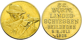 Heilbronn, Stadt. . 
Kleine Goldmedaille 1908 von Mayer und Wilhelm (unsigniert), auf das 22. Württembergische Landes­schießen. Schütze mit Hut und a...