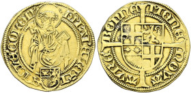Köln, Erzbistum. Hermann IV. von Hessen 1480-1508. 
Goldgulden o.J. (1480) -Bonn-. St. Peter mit Schlüssel und Buch hinter Wappen stehend / Vierfeldi...