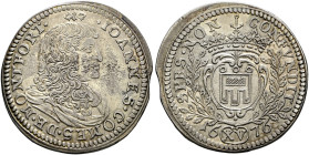 Montfort, Grafschaft. Johann VIII. 1662-1686. 
15 Kreuzer 1676 -Langenargen-. Ebner 105, Slg. Wurster 1519, Rutishauser 298a. -Walzenprägung-
kleine...