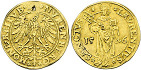 Nürnberg, Stadt. . 
Goldgulden 1546. St. Laurentius. Ke. 12, Slg. Erl. 153, Fr. 1801. 3,20 g
Bearbeitungsspuren am Rand, Schrötlingsloch im Bereich ...