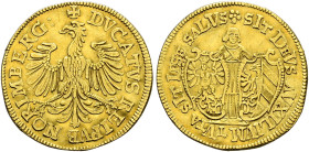 Nürnberg, Stadt. . 
Dukat 1640. Auf den Friedenswunsch. Linksblickender Stadtadler / Genius mit zwei Wappenschilden von vorn stehend, in der Umschrif...