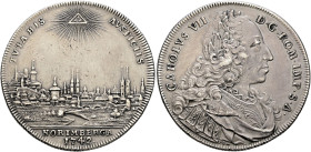 Nürnberg, Stadt. . 
Taler 1742. Stempel von P.P. Werner. Stadtansicht von Westen, darüber strahlendes Dreieck / Belorbeertes Brustbild Kaiser Karl VI...