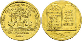 Nürnberg, Stadt. . 
Goldmedaille im Dukatengewicht o.J. (18. Jh.) unsigniert, auf die Kindesliebe. Drei Bäumchen in Kübeln / Gesetzestafeln mit dem 4...