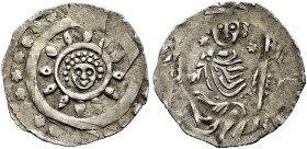Regensburg, herzoglich bayerische Münzstätte. Ludwig I. der Kelheimer 1183-1231. 
Pfennig um 1220. Kopf mit lockigem Haar von vorn in mit 12 Blättern...