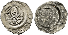 Regensburg, herzoglich bayerische Münzstätte. Ludwig I. der Kelheimer 1183-1231. 
Pfennig um 1220. Mitrierte Büste von vorn mit vier Flügeln, außen e...