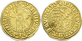 Württemberg. Herzog Ulrich 1498-1550. 
Goldgulden o.J. (ab 1501). Stehender Herzog im Panzer mit Schwert und Scheide in Lünettenverzierung / Quadrier...