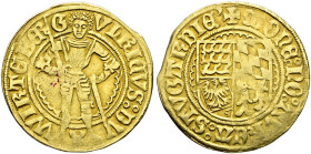 Württemberg. Herzog Ulrich 1498-1550. 
Goldgulden o.J. (ab 1501). Ähnlich wie vorher. KR 32.5, Ebner 57, Fr. 3540, Slg. Hermann 294. 3,26 g
minimale...