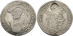 Württemberg. Herzog Ulrich 1498-1550. 
1/2 Taler 1537. Mit Gegenstempel "gekrönter Doppeladler". Brustbild mit Barett und doppelter Kette nach links ...