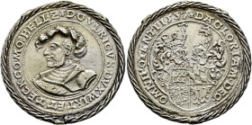 Württemberg. Herzog Ulrich 1498-1550. 
Silberabguss vom medaillenförmigen Taler 1537. Gepanzertes Brustbild mit breitem Federhut nach links / Quadrie...