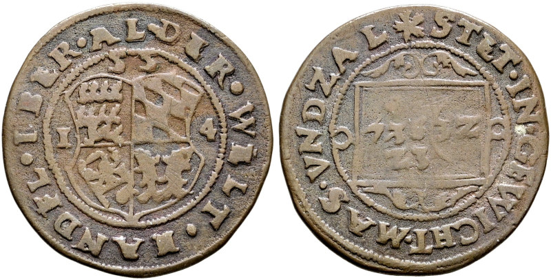 Württemberg. Christoph 1550-1568. 
Cu-Rechenpfennig 1554. Quadriertes Wappen zw...