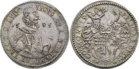 Württemberg. Ludwig 1568-1593. 
Taler 1585. Stempel von Kaspar Distler. D.G.LVDO-VICVS.DVX.WIRTEMB: ET.TECC: Brustbild im reich verzierten Harnisch n...