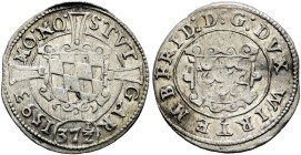 Württemberg. Friedrich I. 1593-1608. 
Gröschlein mit der Wertzahl 37 1/2 1593. Verzierter Schild mit den drei Hirschstangen / Schild mit den Rauten v...