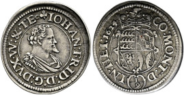 Württemberg. Johann Friedrich 1608-1628. 
1/9 Taler 1624 (aus 1623 im Stempel geändert). Stempel von Francois Guichard. Geharnischtes Brustbild nach ...