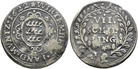 Württemberg. Johann Friedrich 1608-1628. 
Kipper-Viertelgulden (Siebenschillinger) 1622 -Stuttgart-Berg-. KR - vgl. 437/437c, Ebner -.
selten, leich...