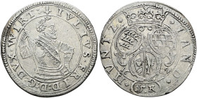 Württemberg. Julius Friedrich von Weiltingen 1631-1633. 
15 Kreuzer 1632. Geharnischtes Hüftbild mit Kommandostab nach rechts / Unter Krone die drei ...
